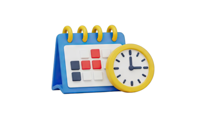 3D Render of a Blue Calendar Page Icon Next to a Yellow Clock Illustrating Scheduling and Time Management Concepts on a Transparent Background