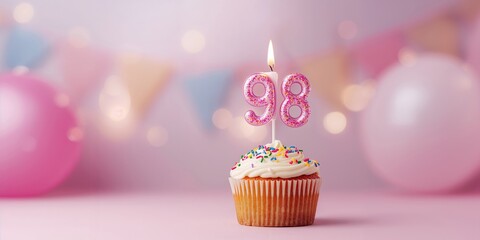 Number 98 birthday candle with cupcake and balloon decorations, suitable for celebration themes