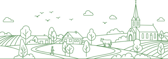 Obraz premium Line art countryside landscape with church, houses, walking person, fields, trees, cow, birds, and rural village scenery in minimalist illustration