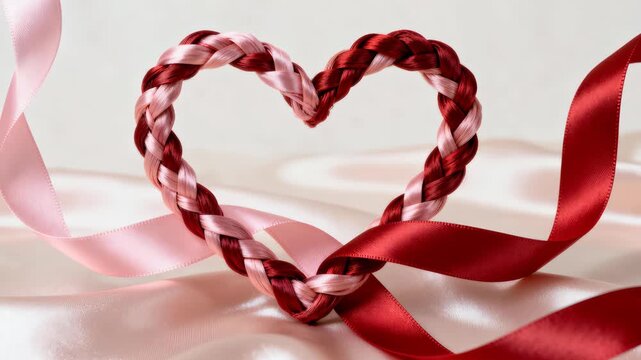 Heart made of braided red and pink ribbons rests on a soft satin surface with flowing ribbon tails and subtle highlights, composed to leave ample space for text and graphic elements for romantic brand