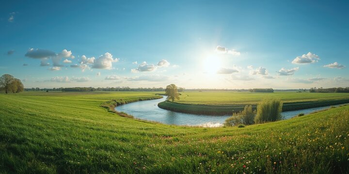 Sunlit spring scene of water, green grass, and trees along the river Waal near Zaltbommel, highlighting seasonal growth