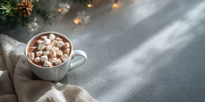 Cup of hot chocolate topped with marshmallows on a grey table, suitable for winter beverage background - Powered by Adobe