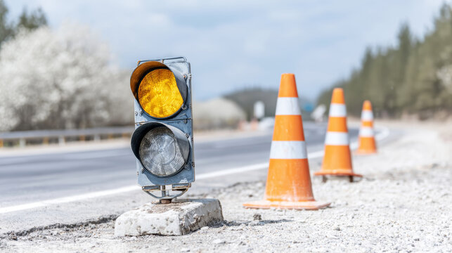Temporary traffic light flashing yellow, marking road work zone with safety cones by the roadside