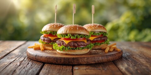 Stacked burgers on a rustic wooden platter, highlighting fast food and meal presentation, National Burger Day