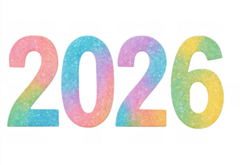 2026 glittering rainbow numbers creating a vibrant new year celebration graphic on transparent background