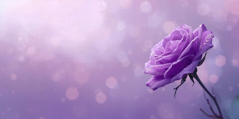 Obraz premium Close-up of a purple wet rose with dew droplets, ideal for nature-themed layout background