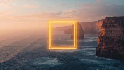 Coastal scene displaying cliffs and ocean with a bright yellow neon square for visual emphasis, geometric design in natural settings