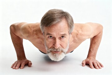 Retrato de un hombre s&eacute;nior fuerte y atl&eacute;tico haciendo ejercicio en el suelo