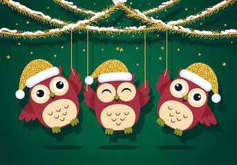 Three Cute Holiday Owls Hanging Under Snow-Covered Christmas Pine Branches