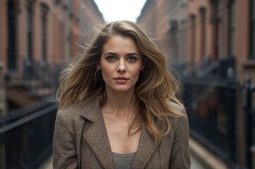 Mujer joven caminando con porte elegante entre edificios urbanos en un d&iacute;a fr&iacute;o