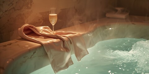 Bathrobe-clad individual enjoying a glass of champagne in a whirlpool, highlighting luxury and wellness, International Wellness Day