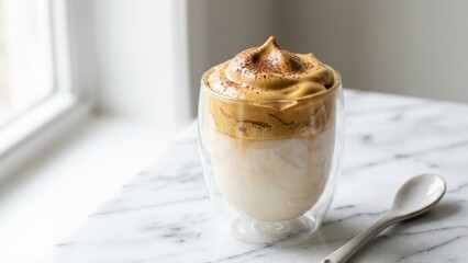 close-up of a glass of whipped dalgona coffee on a white marble table