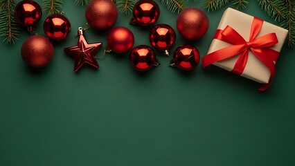 A collection of red christmas ornaments and a gift box on a green background