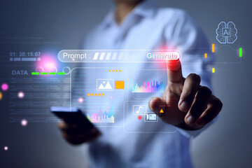 AI generative concept man pointing on artificial intelligence to prompt command and generate ai to get output such as picture, music, video and data analysis