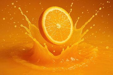 Fresh orange slice splashing into orange juice, creating a dynamic splash effect with vibrant orange tones and liquid droplets in motion