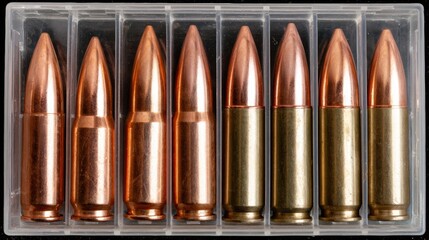 Neatly arranged copper and brass bullets stored in transparent plastic case. Close up view of ammunition organized in individual slots for safe handling, storage and inventory control