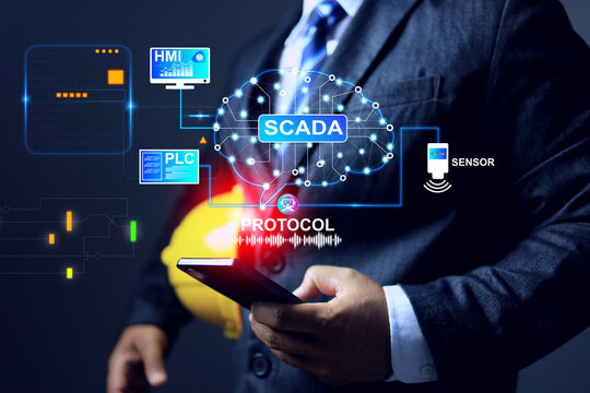SCADA technology concept with engineer monitoring and logic setting for real time data analysis control process on machine interface