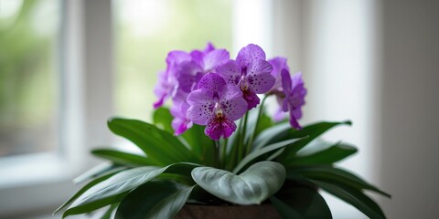 Close-up of African Violet with vibrant purple flowers and pink speckles, serving as a decorative houseplant, highlighting floral details