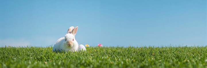 Blue sky and Easter bunny on a manicured lawn, illustrating holiday decoration and springtime setting
