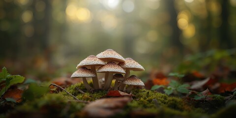 Mushroom surface with natural textures and leaf patterns in a forest setting, autumn foliage, earth tones, natural preservation