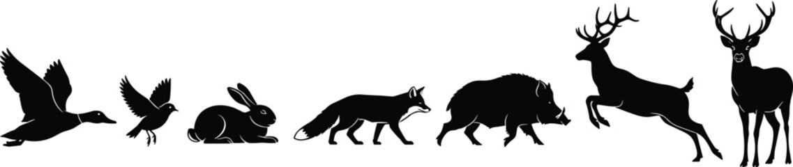 Silhouette collection of wild animals including birds, rabbit, fox, boar, and deer representing forest wildlife, nature diversity, woodland creatures, and outdoor ecology