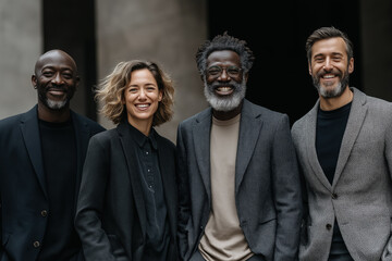 Group of diverse adults smiling in business attire outdoors