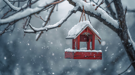 Red birdhouse on snow-covered branch in a tranquil winter scene with gentle snowfall