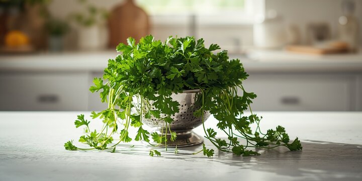 Fresh green parsley in a colander on a white surface, rinsing and cleaning process, World Food Day