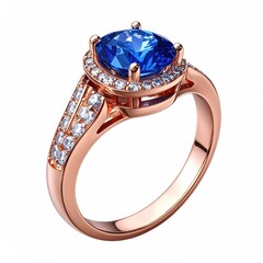 Blue gem ring. Rose gold band with white stones surround