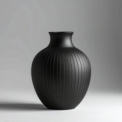 Ribbed black vase, gourd shape, soft light, grey background