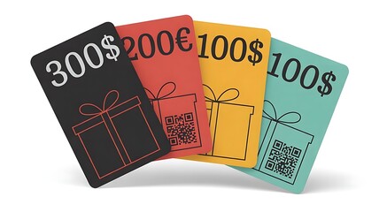 Four colorful gift cards with different monetary values in dollars and euros displayed in a fanned arrangement against a white background