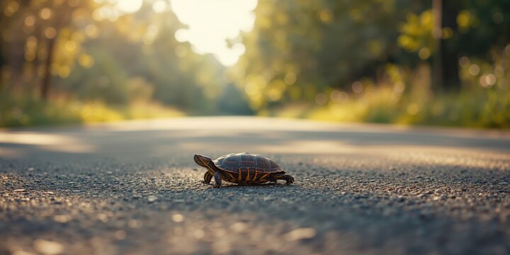Roadside scene with a box turtle navigating near Louisiana Missouri, highlighting animal movement