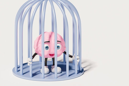 3D brain inside stylized cage symbolizing freedom