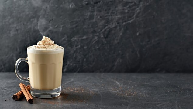 Traditional hot eggnog presented against dark stone surface, winter holiday drink with whipped cream and cinnamon, Christmas - Powered by Adobe