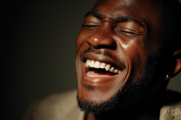 Obraz premium Close-up of joyful young adult man laughing with eyes closed in warm light