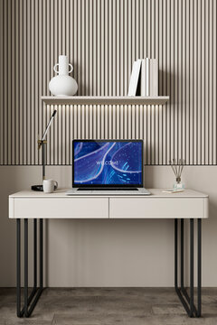3D laptop on workspace with welcome screen