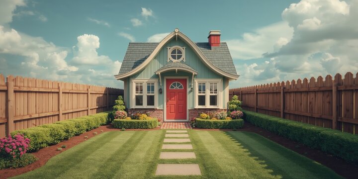 Animated backyard illustration during spring featuring grass, fencing, and hedges, ideal for outdoor layouts