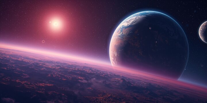 3D render of an extraterrestrial world with multiple moons illuminated by a luminous star, ideal for sci-fi UI design