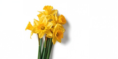 Springtime yellow daffodils on a white backdrop, ideal for botanical themes or seasonal layouts, Earth Day