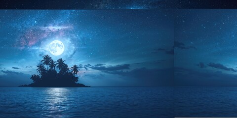 Fototapeta premium Island in the ocean illuminated by a full moon, nocturnal landscape features