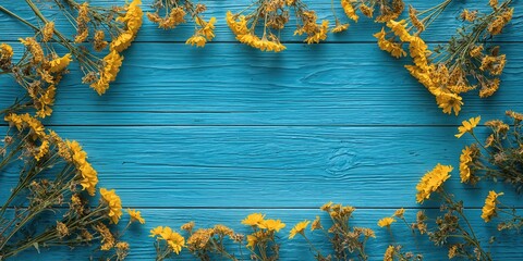 Bright blue wooden background with dry yellow flowers arranged as a frame, ideal for text layout, Earth Day