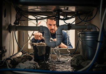 Plumber urgently fixing a burst pipe causing a major water leak indoors.