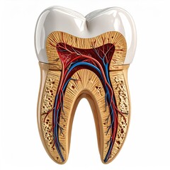 Sectioned tooth showing enamel, dentin, pulp, blood vessels