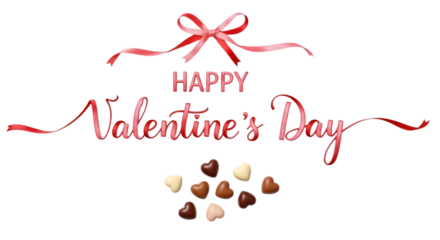 Happy valentines day with red ribbon and chocolate treats on a black background