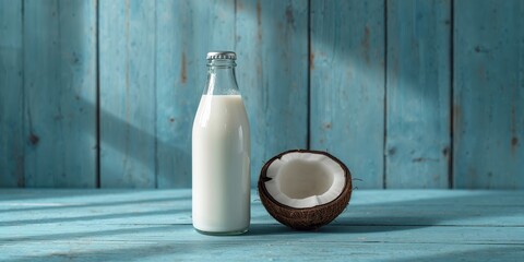 Coconut milk in a bottle alongside an open coconut with white flesh on a blue wooden background, serving as a tropical beverage backdrop