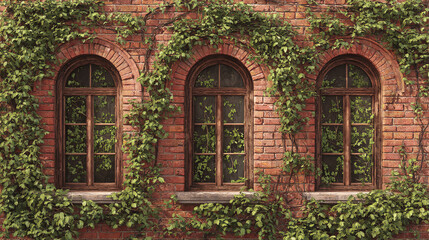 An old building features three arched windows entwined with green foliage. The facade is constructed with red bricks, showcasing rustic architecture