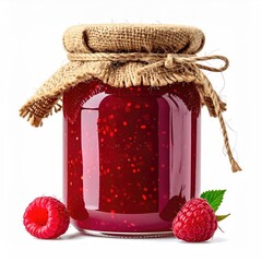 Red raspberry jam in a glass jar with rustic hessian top