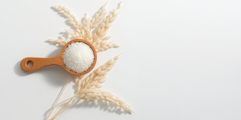 Bird's-eye view of white rice, measuring cups, and rice ears on a white background, food preparation practices