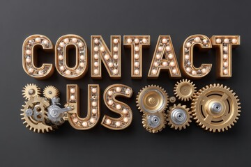Contact us sign with golden letters on black background, featuring intricate mechanical gears as decorative elements.