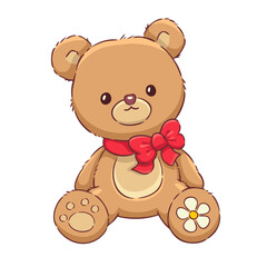 Cute teddy bear hand drawn cartoon toy. Stuffed animal with red bow. Valentines day or Christmas gift. Kawaii vector illustration isolated. Adorable fun love present - teddy bear with bowknot ribbon.